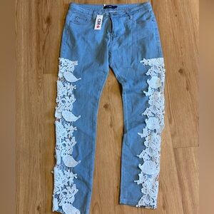 Blue Denim Jeans with White Lace (NWT)